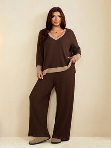 SHEIN LUNE CURVE 大尺碼女款拼色長袖上衣與長褲休閒日常兩件套，適合秋季/冬季外出與居家穿著的休閒套裝 - 棕色 - 查看 7