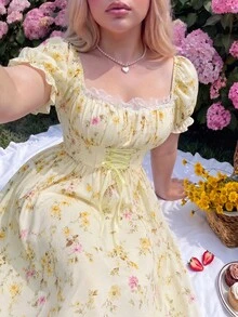 Lyrianda Vestido maxi de manga corta con estampado floral diminuto y cintura anudada, ideal para vacaciones - Amarillo - Ver 5