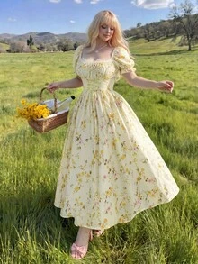 Lyrianda Vestido maxi de manga corta con estampado floral diminuto y cintura anudada, ideal para vacaciones - Amarillo - Ver 6