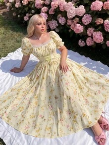 Lyrianda Vestido maxi de manga corta con estampado floral diminuto y cintura anudada, ideal para vacaciones - Amarillo - Ver 3