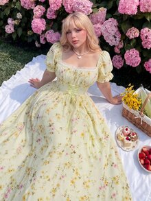 Lyrianda Vestido maxi de manga corta con estampado floral diminuto y cintura anudada, ideal para vacaciones - Amarillo - Ver 1