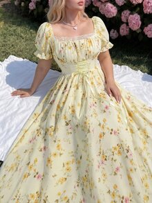Lyrianda Vestido maxi de manga corta con estampado floral diminuto y cintura anudada, ideal para vacaciones - Amarillo - Ver 7