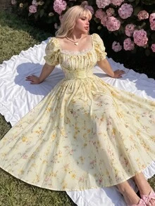Lyrianda Vestido maxi de manga corta con estampado floral diminuto y cintura anudada, ideal para vacaciones - Amarillo - Ver 4