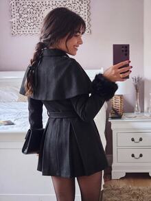 Sweetina Women's Double-Breasted Waist-Cinching Cape Overcoat - Black - View 2