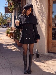 Sweetina Women's Double-Breasted Waist-Cinching Cape Overcoat - Black - View 3