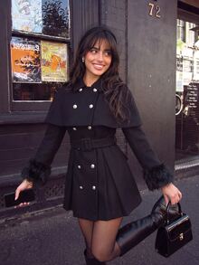 Sweetina Women's Double-Breasted Waist-Cinching Cape Overcoat - Black - View 5