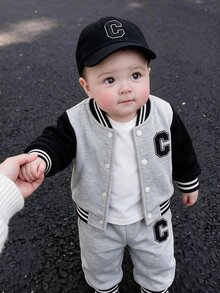 SHEIN Playful Pals Unisex Infant Baby 3pcs Outfit, Letter C Print Color Block Varsity Jacket & Tee & Pants Set Casual Fall Winter Baby Clothes 0-12 Months - Grey - View 2