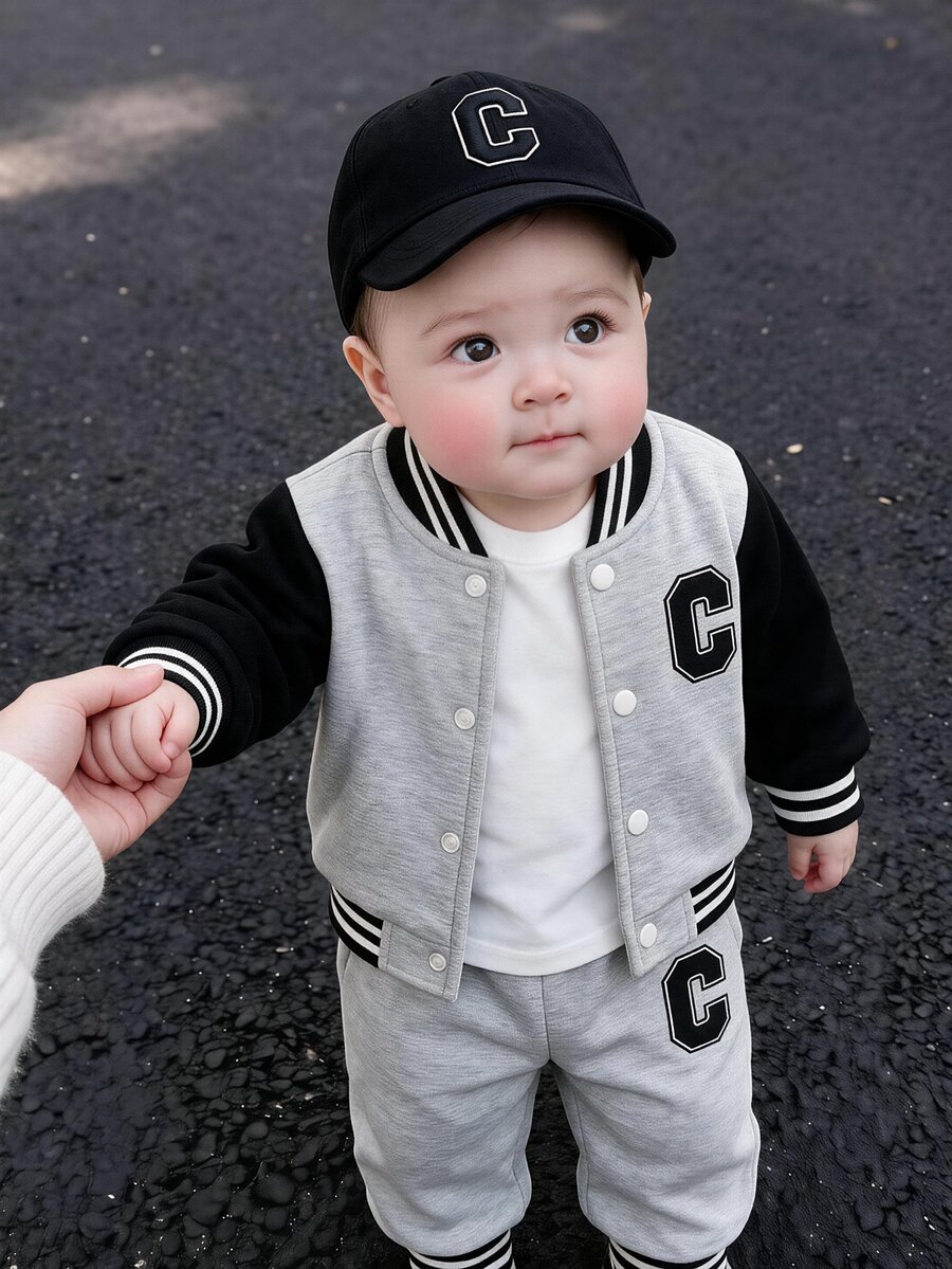 SHEIN Playful Pals Unisex Infant Baby 3pcs Outfit, Letter C Print Color Block Varsity Jacket & Tee & Pants Set Casual Fall Winter Baby Clothes 0-12 Months