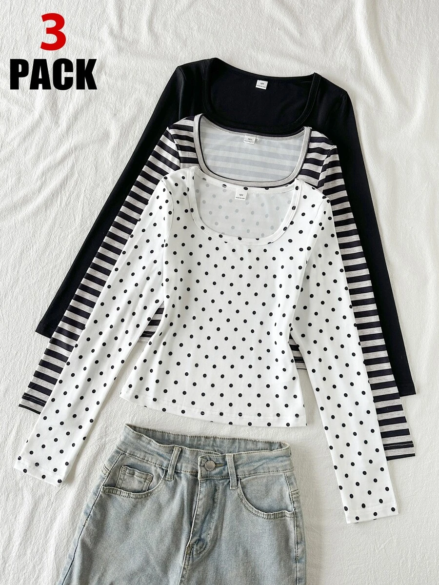 Tween Girl Casual Versatile Daily Wear Long Sleeve T-Shirt 3pcs/Pack - Multicolor - View 1