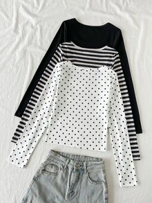 Tween Girl Casual Versatile Daily Wear Long Sleeve T-Shirt 3pcs/Pack - Multicolor - View 2