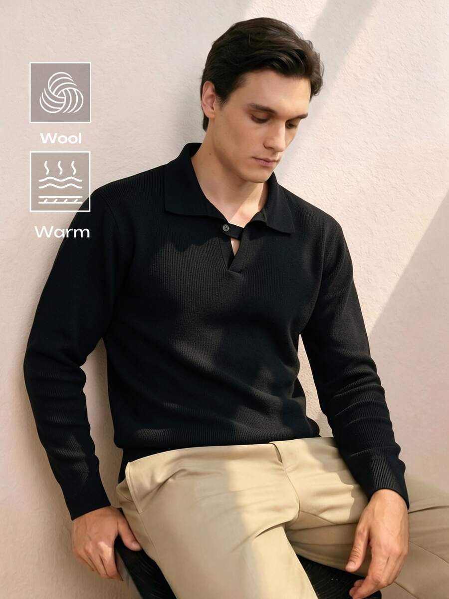 RONVEXI Bahan Wol Berkualitas Tinggi, Sweater Lengan Panjang Kancing Pria yang Nyaman dan Serbaguna untuk Pemakaian Sehari-hari - Hitam - View 1
