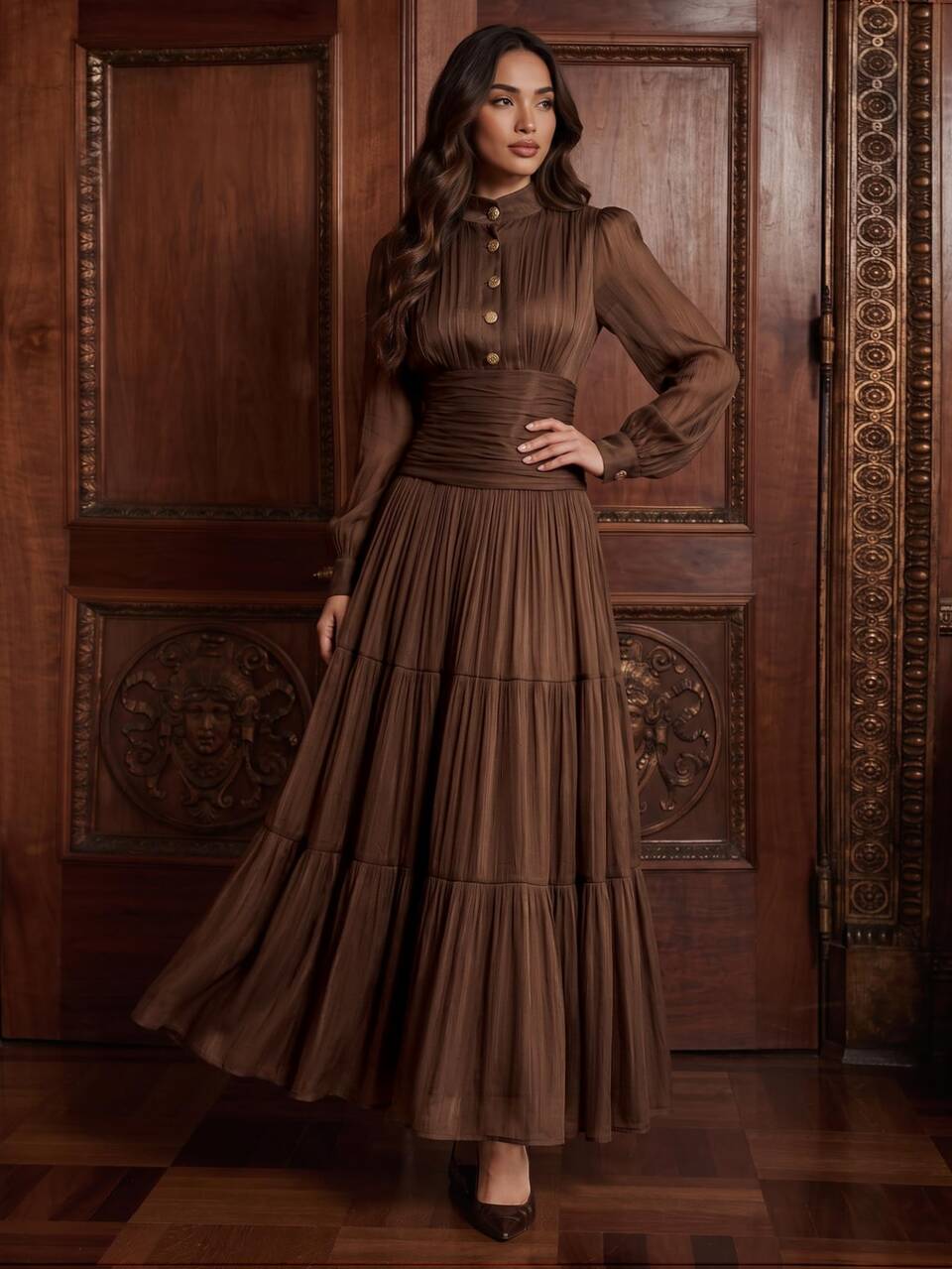 Anewsta New Elegant Women's Small Stand Collar Metal Button Decor Long Sleeve Waist-Cinching A-Line Brown Dress, Holiday Outfit, Party Wear