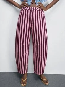 SHEIN PETITE CURVE Women Plus Size High Waist Striped Denim Jeans - Pink - View 6