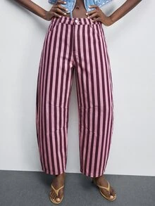 SHEIN PETITE CURVE Women Plus Size High Waist Striped Denim Jeans - Pink - View 3