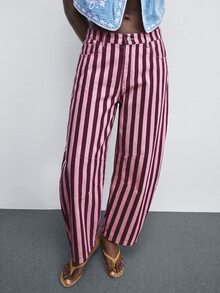 SHEIN PETITE CURVE Women Plus Size High Waist Striped Denim Jeans - Pink - View 5