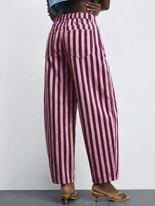 SHEIN PETITE CURVE Women Plus Size High Waist Striped Denim Jeans - Pink - View 2