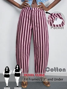 SHEIN PETITE CURVE Women Plus Size High Waist Striped Denim Jeans - Pink - View 1