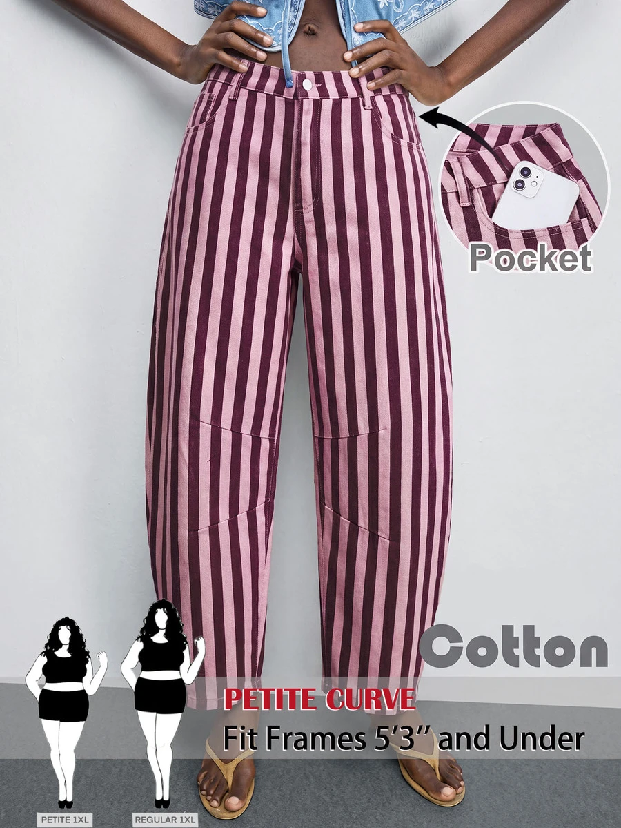 SHEIN PETITE CURVE Women Plus Size High Waist Striped Denim Jeans - Pink - View 1