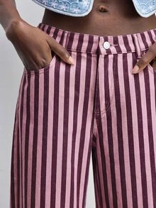 SHEIN PETITE CURVE Women Plus Size High Waist Striped Denim Jeans - Pink - View 4