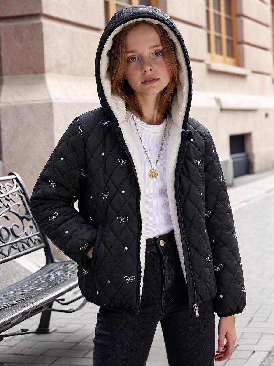 SHEIN 女童休閒時尚加厚外套,3合1設計,附保暖內裡與填充,寬鬆版型,舒適,適合秋冬、日常通勤、外出、聚會與拍照 - 黑色 - 查看 1