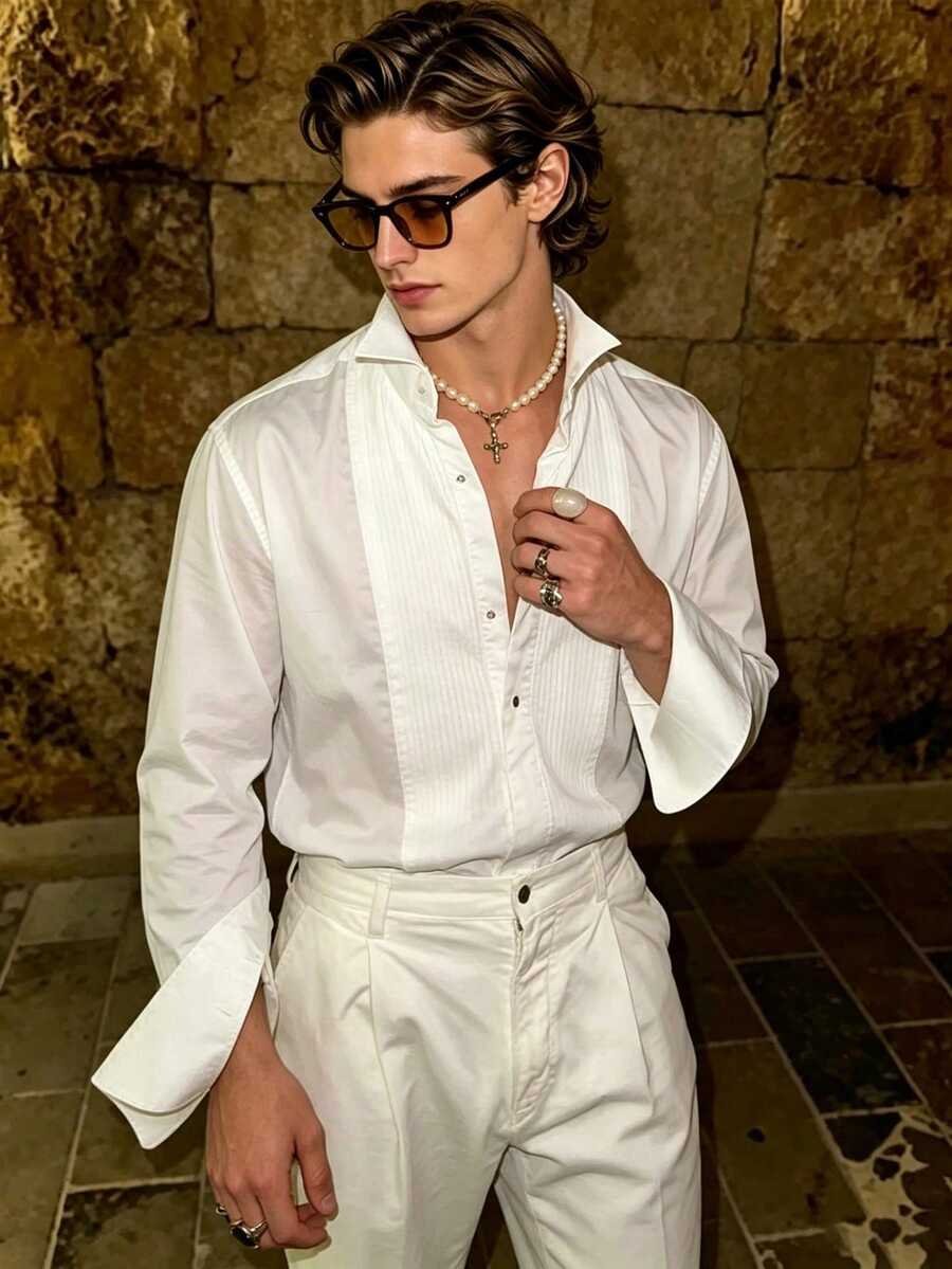 Manfinity Dauomo Men's Solid Color Casual Elegant Formal Versatile Daily Wear Shirt Wedding Party Engagement White Autumn