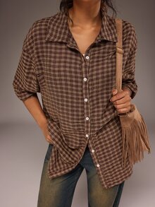 Freevana Plus Size Women's Vintage Plaid Button Long Sleeve Shirt - Red - View 4