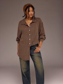 Freevana Plus Size Women's Vintage Plaid Button Long Sleeve Shirt - Red - View 5