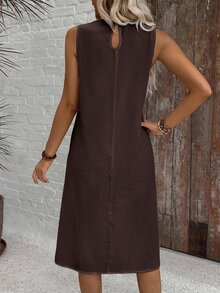 EMERY ROSE Vestido de verano casual y modesto de unicolor con cuello redondo y silueta en A, vestido de verano para mujer para brunch, vacaciones, café, marrón - Marrón Chocolate - Ver 5