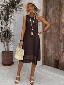 EMERY ROSE Vestido de verano casual y modesto de unicolor con cuello redondo y silueta en A, vestido de verano para mujer para brunch, vacaciones, café, marrón - Marrón Chocolate - Ver 4