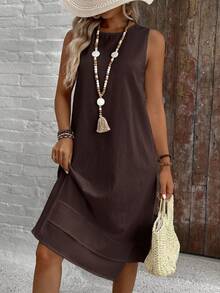 EMERY ROSE Vestido de verano casual y modesto de unicolor con cuello redondo y silueta en A, vestido de verano para mujer para brunch, vacaciones, café, marrón - Marrón Chocolate - Ver 2