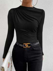VaVaBold Camiseta delgada unicolor fruncido - Negro - Ver 3