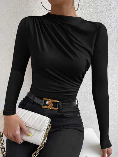 VaVaBold Solid Ruched Slim Fit Tee Fall Cloth For Women