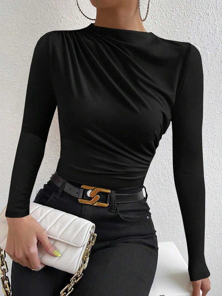 VaVaBold Camiseta delgada unicolor fruncido - Negro - Ver 1