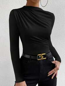 VaVaBold Camiseta delgada unicolor fruncido - Negro - Ver 5
