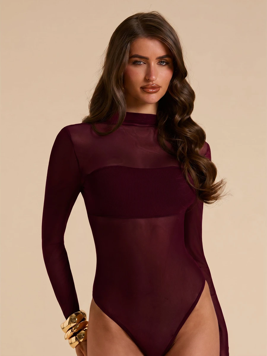 SHEIN BAE 春夏純色優雅透視網紗小高領長袖連身衣 - 紫紅色 - 查看 1