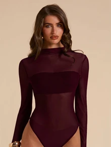 SHEIN BAE 春夏純色優雅透視網紗小高領長袖連身衣 - 紫紅色 - 查看 3