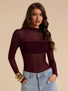 SHEIN BAE 春夏純色優雅透視網紗小高領長袖連身衣 - 紫紅色 - 查看 6