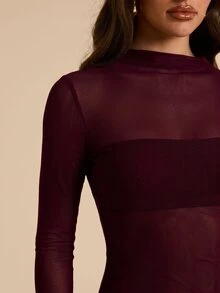 SHEIN BAE 春夏純色優雅透視網紗小高領長袖連身衣 - 紫紅色 - 查看 4