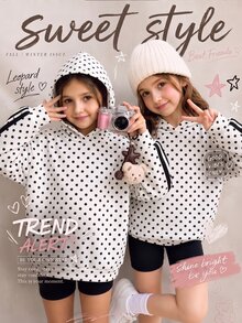 SHEIN Tween Girl Black White Polka Dot Print Tape Decor Sweatshirt, Pullover For Autumn, School - Black and White - View 1