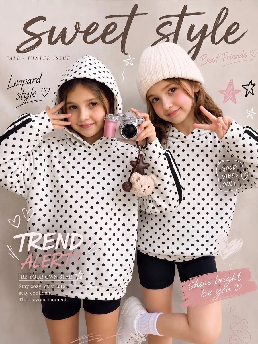 SHEIN Tween Girl Black White Polka Dot Print Tape Decor Sweatshirt, Pullover For Autumn, School - Black and White - View 1