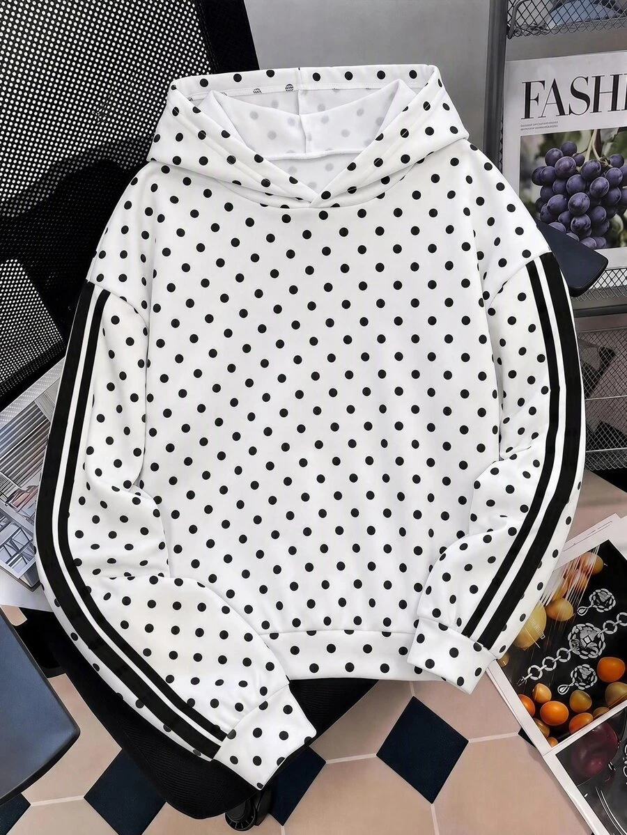 SHEIN Áo nỉ chui đầu trẻ em bé gái tuổi teen họa tiết chấm bi đen trắng trang trí băng, mặc mùa thu đi học - Đen và trắng - Xem 1