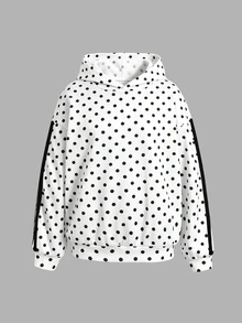 SHEIN Tween Girl Black White Polka Dot Print Tape Decor Sweatshirt, Pullover For Autumn, School - Black and White - View 3