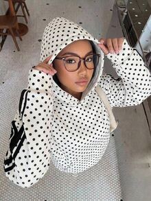 SHEIN Tween Girl Black White Polka Dot Print Tape Decor Sweatshirt, Pullover For Autumn, School - Black and White - View 11