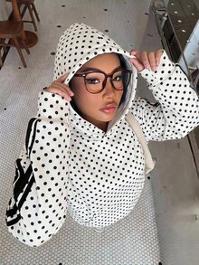 SHEIN Tween Girl Black White Polka Dot Print Tape Decor Sweatshirt, Pullover For Autumn, School - Black and White - View 12