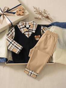 SHEIN Playful Pals Toddler Baby Boy 2pcs Outfit, Bear Embroidery 2 In 1 Plaid Collar Long Sleeve Top & Cuffed Plaid Pants Casual Spring Fall Clothes Set 3M-3Y - Khaki - View 3