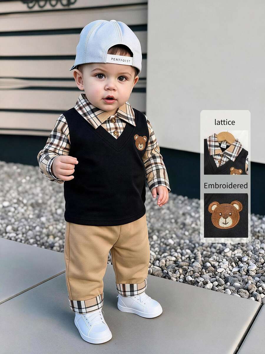 SHEIN Playful Pals Toddler Baby Boy 2pcs Outfit, Bear Embroidery 2 In 1 Plaid Collar Long Sleeve Top & Cuffed Plaid Pants Casual Spring Fall Clothes Set 3M-3Y