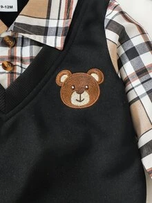 SHEIN Playful Pals Toddler Baby Boy 2pcs Outfit, Bear Embroidery 2 In 1 Plaid Collar Long Sleeve Top & Cuffed Plaid Pants Casual Spring Fall Clothes Set 3M-3Y - Khaki - View 6