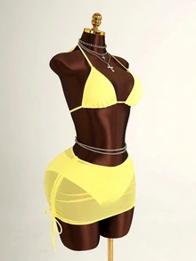 Costavie Women's 3 PiecesBikini Set With Mesh Skirt, Casual Beach Resort Swimwear, Fresh & Sexy, Spring/Summer, Light Yellow - Light Yellow - View 3