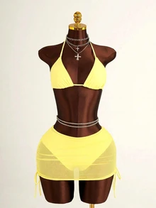 Costavie Women's 3 PiecesBikini Set With Mesh Skirt, Casual Beach Resort Swimwear, Fresh & Sexy, Spring/Summer, Light Yellow - Light Yellow - View 2