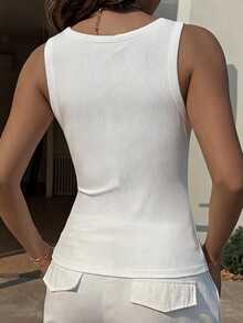 Livesso Women's White Solid Color Cotton Crew Neck Sleeveless Slim Fit Stretch Ribbed Tank Top - White - View 9